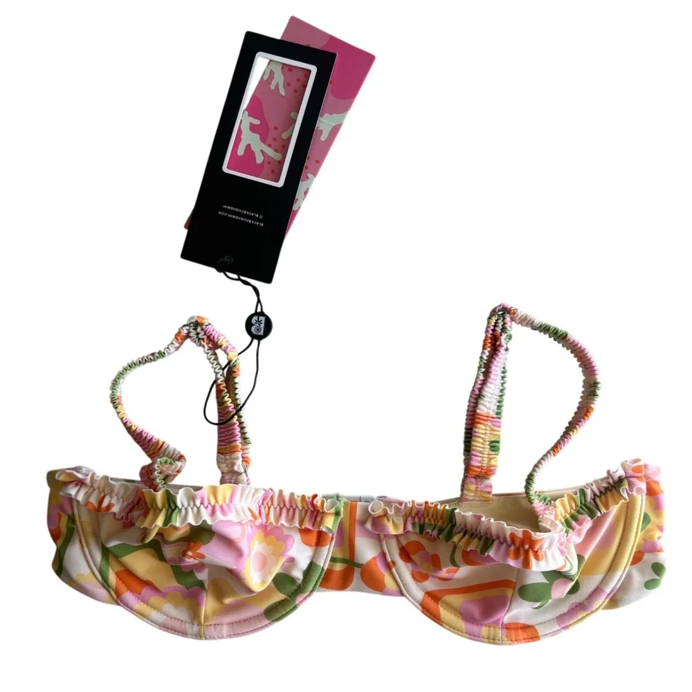 Blackbough Swim Groovy Floral Balconette Bikini Top Ruffle Retro Multi Small